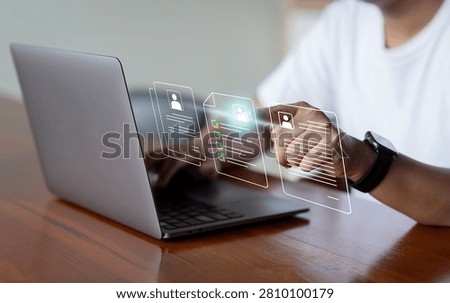 Virtual HR CV Profile Documents featuring person using a laptop while touching a floating digital interface displaying user profile summaries, career resumes, and evaluation checklists. Three digital CV or user profile documents adorned with personal avatar icons and progress checklists with green ticks