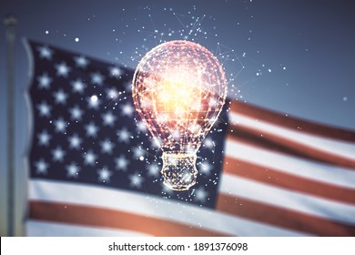 Virtual Idea concept with light bulb illustration on US flag and blue sky background. Multiexposure