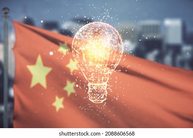 Virtual Idea Concept With Light Bulb Illustration On Chinese Flag And Skyline Background. Multiexposure