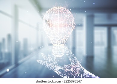 Virtual Idea concept with light bulb illustration on empty corporate office background. Multiexposure