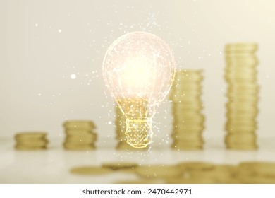 Virtual Idea concept with light bulb illustration on stacks of coins background. Multiexposure