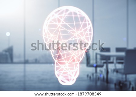 Virtual Idea concept with light bulb illustration on a modern conference room background. Multiexposure