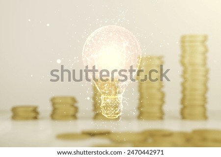 Virtual Idea concept with light bulb illustration on stacks of coins background. Multiexposure