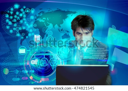 Virtual image of a Business man operating the process of triggering a software development process, which it connects the various systems globally through a single click in a network and coding phase.