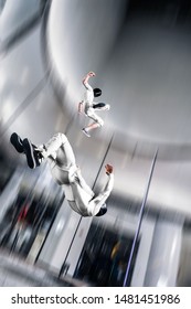 Virtual. Indoor Skydiving In Wind Tunnel. People Fly Like In Virtual World