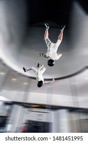 Virtual. Indoor Skydiving In Wind Tunnel. People Fly Like In Virtual World