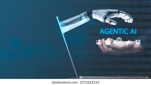 virtual interface bridges human and robot interaction as a businessman explores AI-driven innovation, focusing on agentic AI systems, automation, and cutting-edge technology for business strategy