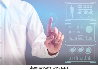 Virtual Interface Concept, Double Exposure. Business man pressing buttons on infographic panel with digital charts