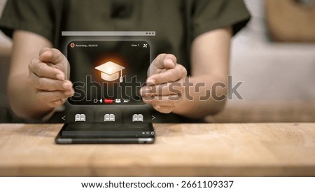 Virtual learning and online education concept with hologram graduation cap on tablet. Modern e-learning technology for distance education and digital classrooms.