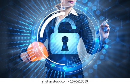 Virtual locking mechanism to access shared resources. Businesswoman pointing on padlock hologram. Internet concept for identity and access management. Future cyber technology web services for business