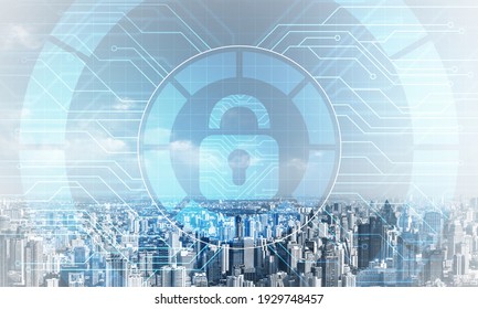 Virtual locking mechanism on background of downtown. Internet concept for identity and access management. Future cyber technology web services for business. Protect personal data and online privacy.