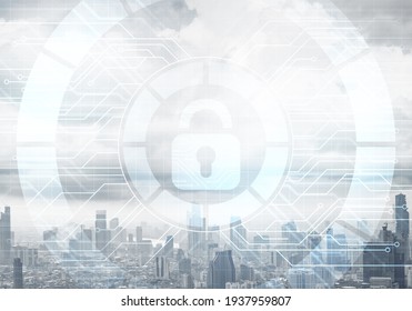 Virtual locking mechanism on background of downtown. Internet concept for identity and access management. Future cyber technology web services for business. Protect personal data and online privacy. - Powered by Shutterstock - Get 15% off with code: PIKWIZARD15