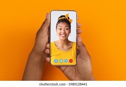 Virtual Meeting. Black Woman With Smartphone Videochatting With Her Female Friend, Unrecognizable African American Woman Having Online Conference With Her Bestie, Creative Collage, Top View