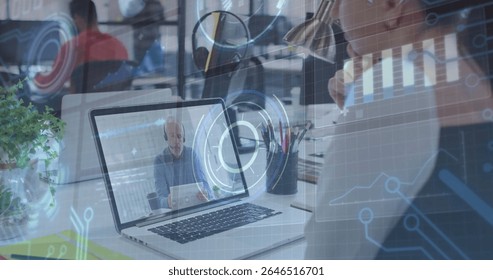 Virtual meeting on laptop with digital data processing image overlay. Remote work, technology, digital communication, image conference, telecommuting, business
