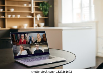 Virtual Meeting Team Teleworking. Family Video Call Remote Conference. Laptop Webcam Screen View. Diverse Portrait Headshots Meet Working From Their Home Offices. Happy Hour Party Online