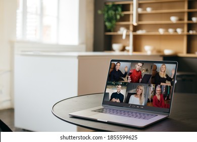 Virtual Meeting Team Teleworking. Family Video Call Remote Conference. Laptop Webcam Screen View. Diverse Portrait Headshots Meet Working From Their Home Offices. Happy Hour Party Online Woman Meet