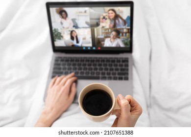 Virtual Meeting. Unrecognizable Lady Drinking Coffee And Making Group Video Call With Friends While Lying In Bed At Home, Enjoying Online Communication And Remote Chat Creative Collage, Top View