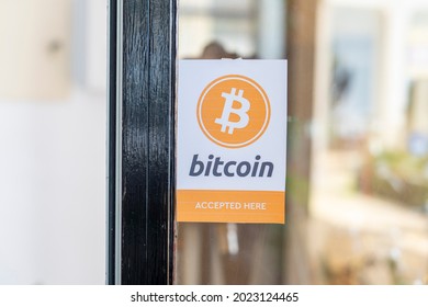 Virtual Money Cryptocurrency. Bitcoin accepted here. Bitcoin BTC Logo accept payment by crypto currency. Digital money concept - Shutterstock ID 2023124465