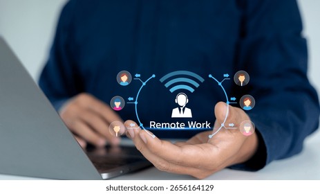 Virtual network of a remote work team with business icons and wireless connection. Concept of online collaboration, work from home, and digital teamwork. - Powered by Shutterstock - Get 15% off with code: PIKWIZARD15