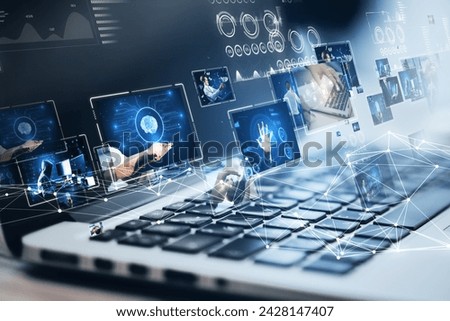Virtual networking concept with screens showing content creation and media streaming on a laptop