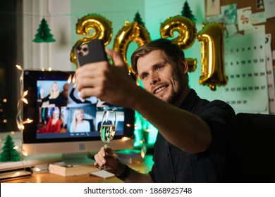 Virtual New Year 2021 Meeting Team Teleworking. Family Video Call Remote Conference. Laptop Webcam Screen View. Team Meet Working From Their Home Offices. Happy Hour Party Online Woman Team Diversity