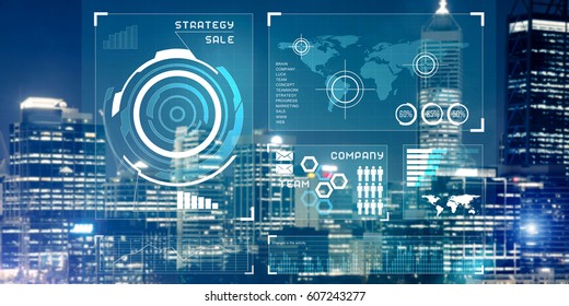 Virtual panel with graphs and diagrams and amazing night view of business city centre - Shutterstock ID 607243277