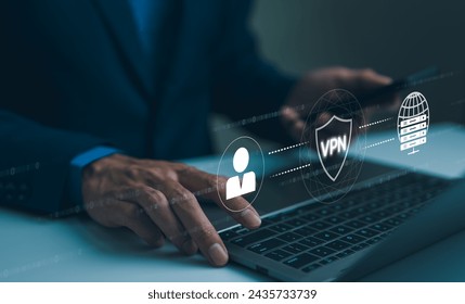 Virtual private network encryption connection concept. Using VPN for secure internet access. A businessman securely accesses the internet through a VPN on his laptop, with a digital interface overlay.