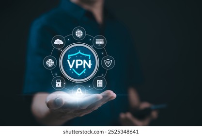 Virtual private network (VPN) security concept. A hand holding virtual VPN shield with digital icons for cybersecurity, encryption, and secure internet protocols. Online privacy and secure browsing.