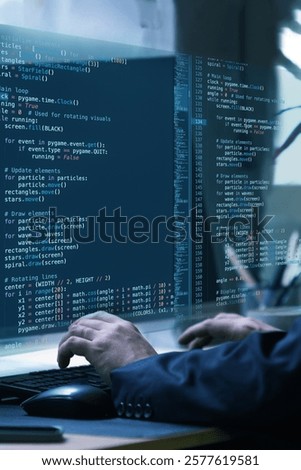 Virtual programming environment combining fictional program code, showcasing innovation, adaptability, and creativity within digital workflows. Concept of IT solutions, applications, programming. Ad