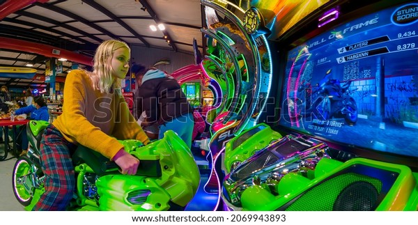 Virtual Racing Arcade 3D Games car driving\
simulator machine with a wheel and big monitor for kids and adults,\
Amusement Equipment Coin Operated, New York, Bronx, United States\
of America, 11.03.2021