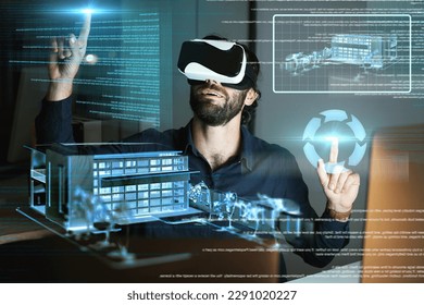 Virtual reality, architecture and man with 3d model for working on design or building hologram at night. Metaverse, vr and architect or engineer with house, digital construction or futuristic tech. - Powered by Shutterstock