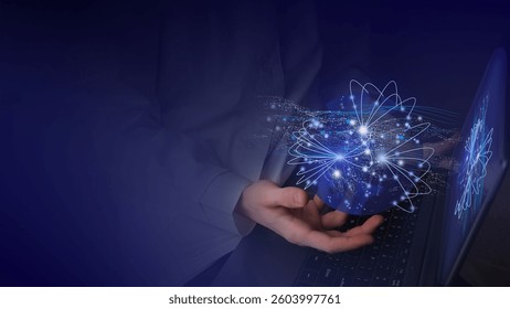 Virtual reality of big data of global processes on the planet wich keep human hand under laptop keyboard against device  screen. - Powered by Shutterstock - Get 15% off with code: PIKWIZARD15