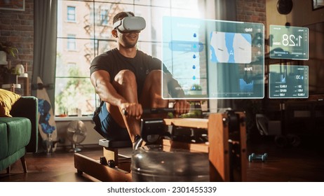 Virtual Reality Championship at Home Gym: Man Exercising on Row Machine Wearing Virtual Reality Headset, Infographics Show Health Care Statistics, and Map. Sportsman Using VR Training Workout Service - Powered by Shutterstock - Get 15% off with code: PIKWIZARD15