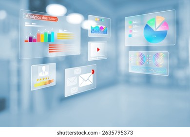 virtual reality data analysis concept with dashboard floating above the floor in the vr room for analytic concept