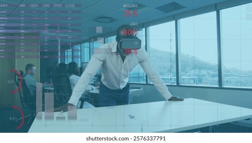 Virtual reality data analysis image over business people in modern office. Technology, innovation, teamwork, analytics, collaboration, futuristic - Powered by Shutterstock - Get 15% off with code: PIKWIZARD15