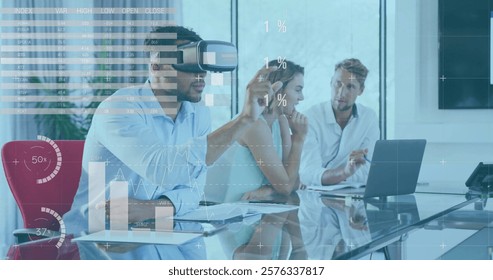 Virtual reality data analysis image over business meeting in modern office. Technology, presentation, teamwork, innovation, corporate, digital