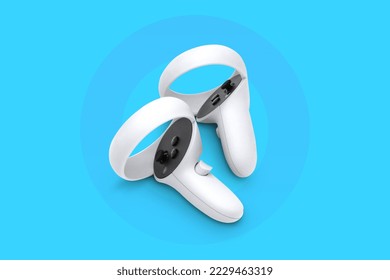 Virtual Reality Device Controllers isolated on blue color background with a circle design 