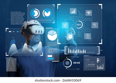Virtual reality expert analyzing data with digital interface at a technology conference in 2023
