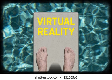 Virtual Reality First Person View From Inside Headset Looking Down At Feet On Diving Board