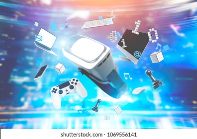 Virtual reality gadgets and compuaters floating in the air against a futufistic interface background. Toned image double exposure mock up