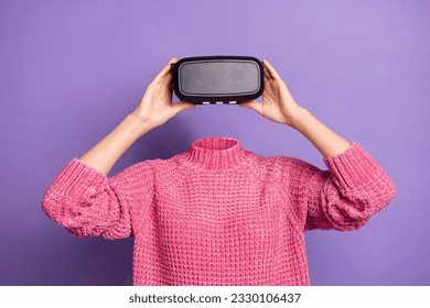 Virtual reality glasses surreal collage concept of headless absurd 3d goggles watching video cyber space isolated on violet background - Powered by Shutterstock