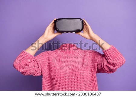 Virtual reality glasses surreal collage concept of headless absurd 3d goggles watching video cyber space isolated on violet background
