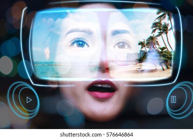 Virtual Reality Glasses Using By Young Women See a Beautiful Landscape View - Powered by Shutterstock - Get 15% off with code: PIKWIZARD15