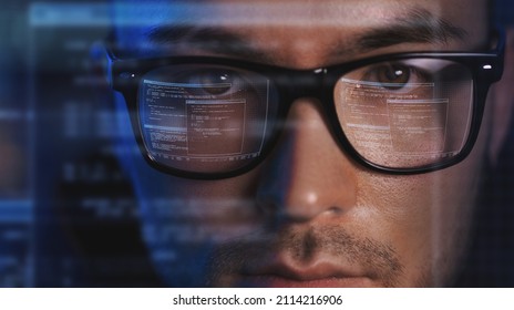 Virtual Reality, Hacking And Programming Concept - Close Up Of Asian Male Hacker's Face In Vr Glasses With Computer Program Projection