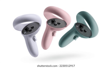Virtual Reality Headset controllers in multiple colours isolated on white background