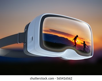 Virtual reality headset, double exposure, silhouette people on sunset, beautiful evening in a village with red sky - Powered by Shutterstock