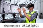 Virtual Reality Headset And Industrial Factory. VR Technology At Work