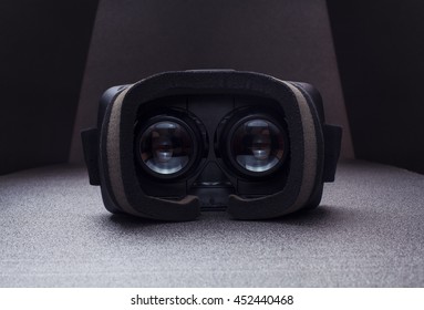 Virtual reality headset, inside view, vr glasses, dramatic light, virtual real app, virtual 360, virtual reality glasses from inside