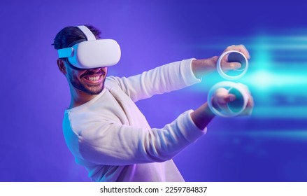 Virtual reality headset, metaverse and man fight for futuristic gaming, cyber and 3d world. Gamer person with hand for ar overlay, digital experience and creative cyberpunk purple background app