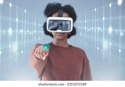 Virtual reality, hologram and woman in studio for biometrics, metaverse and data analytics. Cybersecurity, futuristic technology and person with VR glasses for research, networking and software ux
